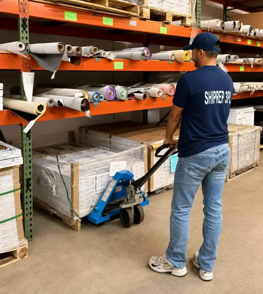 ShipRep 3PL warehouse worker in navy uniform operating a pallet jack to move a shrink-wrapped pallet of boxes, with rolled materials stacked on industrial shelving overhead