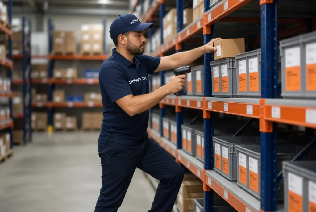 Ecommerce 3PL picking and packing: worker scanning an item in a warehouse