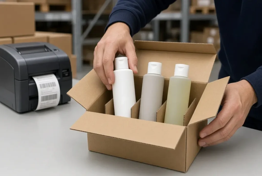 Warehouse worker assembling ecommerce kitting and bundling services product kit