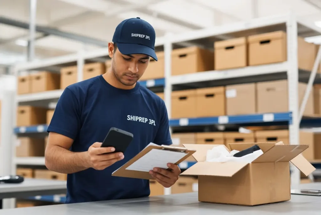 Ecommerce returns processing services: worker inspecting a returned product at a warehouse