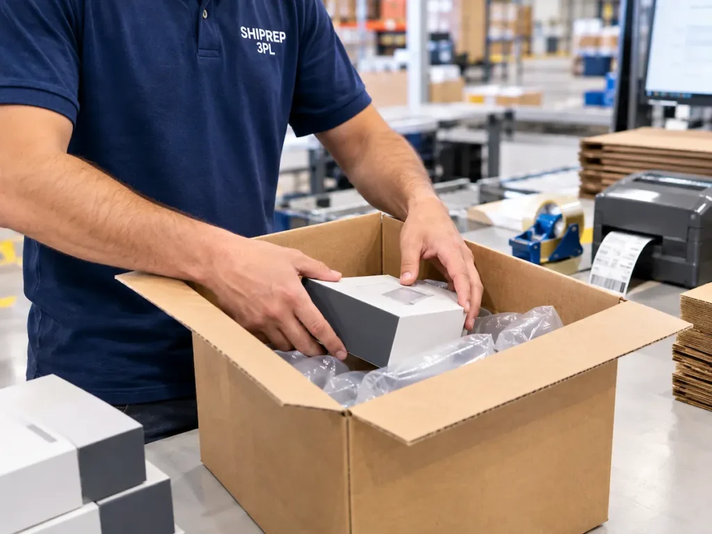 Warehouse worker packing product for ecommerce warehouse fulfillment packing process