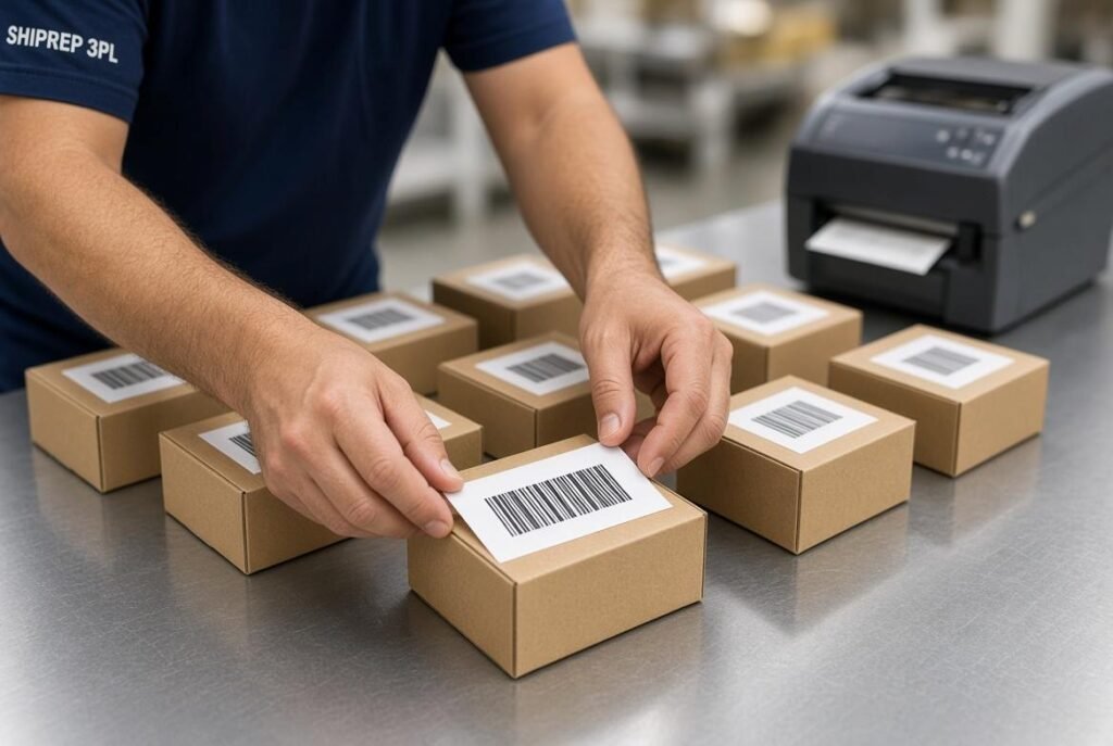 FBA labeling service: worker applying a barcode label to a product before shipping to Amazon