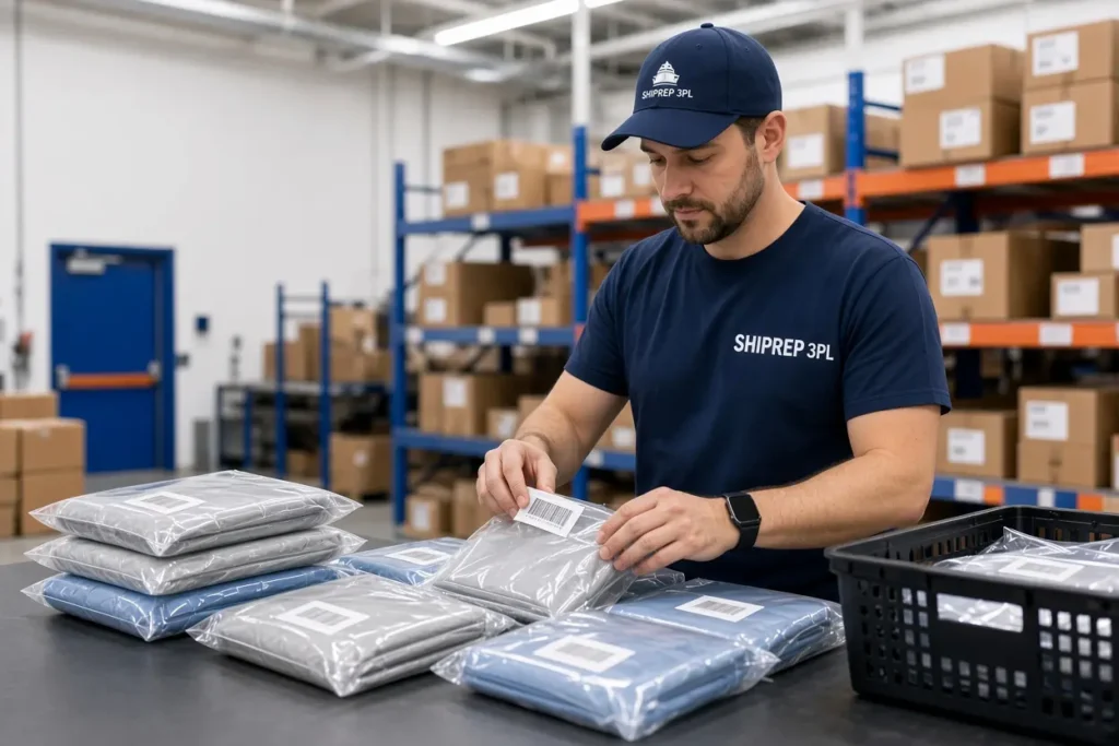 FBA prep center no minimum: worker labeling products for Amazon FBA shipment
