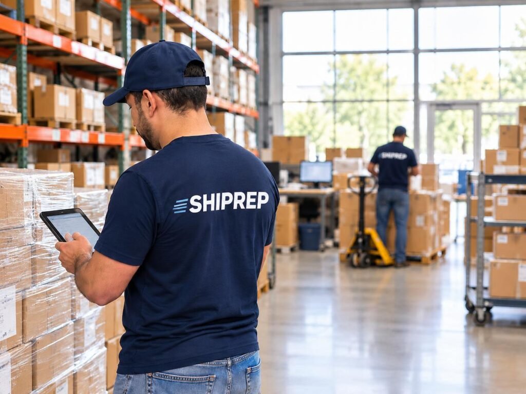 Warehouse worker preparing pallet for a no advance payment 3PL serving international sellers