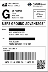 USPS Ground Advantage shipping label with tracking barcode and QR code.
