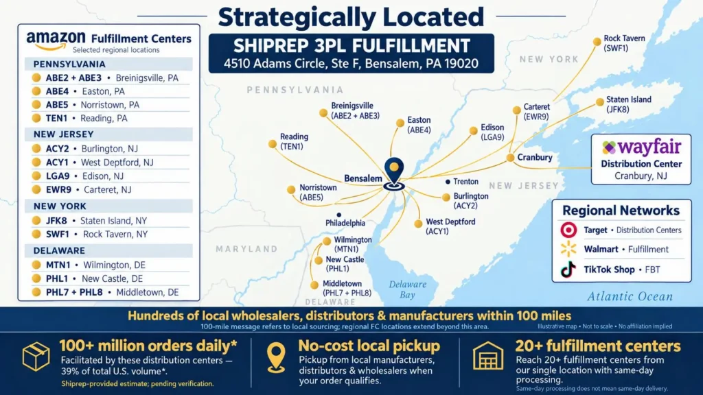 Map showing Shiprep 3PL’s Bensalem, PA location with nearby Amazon fulfillment centers in Pennsylvania, New Jersey, New York and Delaware, plus Wayfair’s Cranbury NJ distribution center.
