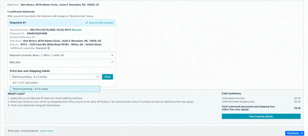 Amazon FBA shipment confirmation dashboard showing a sample Shipment ID, shipping label printing options, shipment details, and an estimated total fee of $8.40.