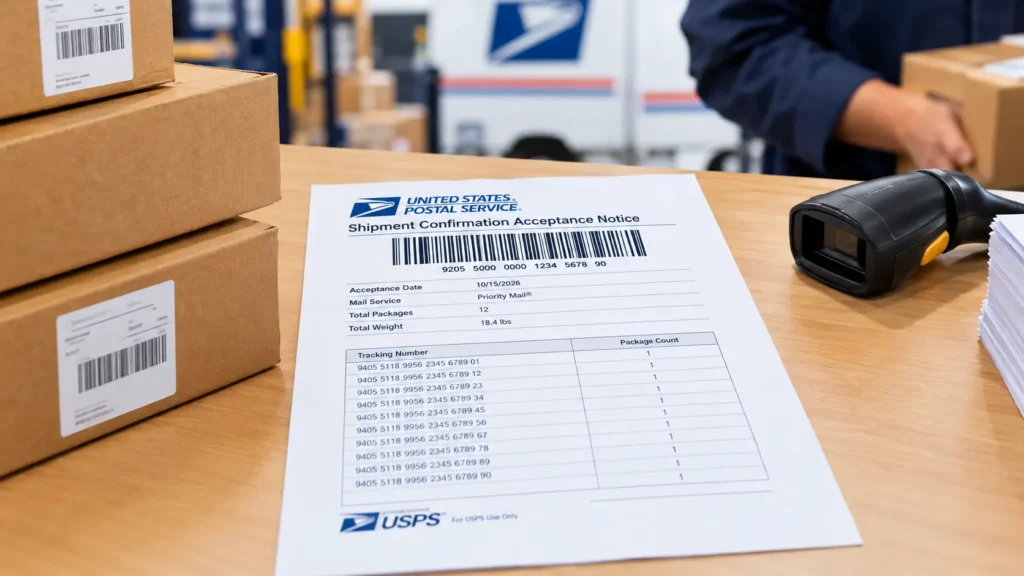 USPS SCAN sheet for bulk shipping and package acceptance in a warehouse.