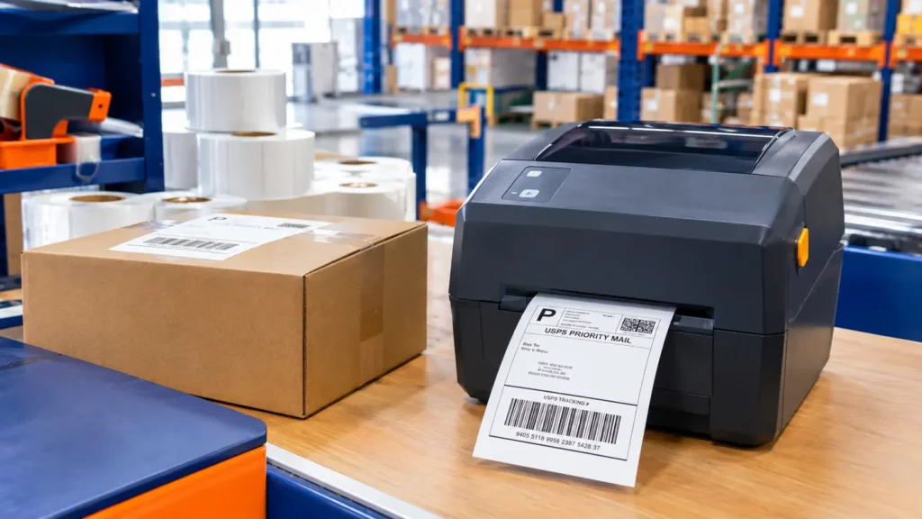 4x6 thermal shipping label printer printing a barcode shipping label at an organized e-commerce fulfillment warehouse workstation.