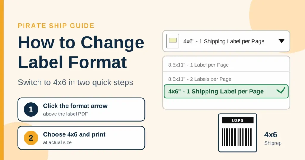 How to change label format on Pirate Ship in two steps: click the format arrow and choose 4x6