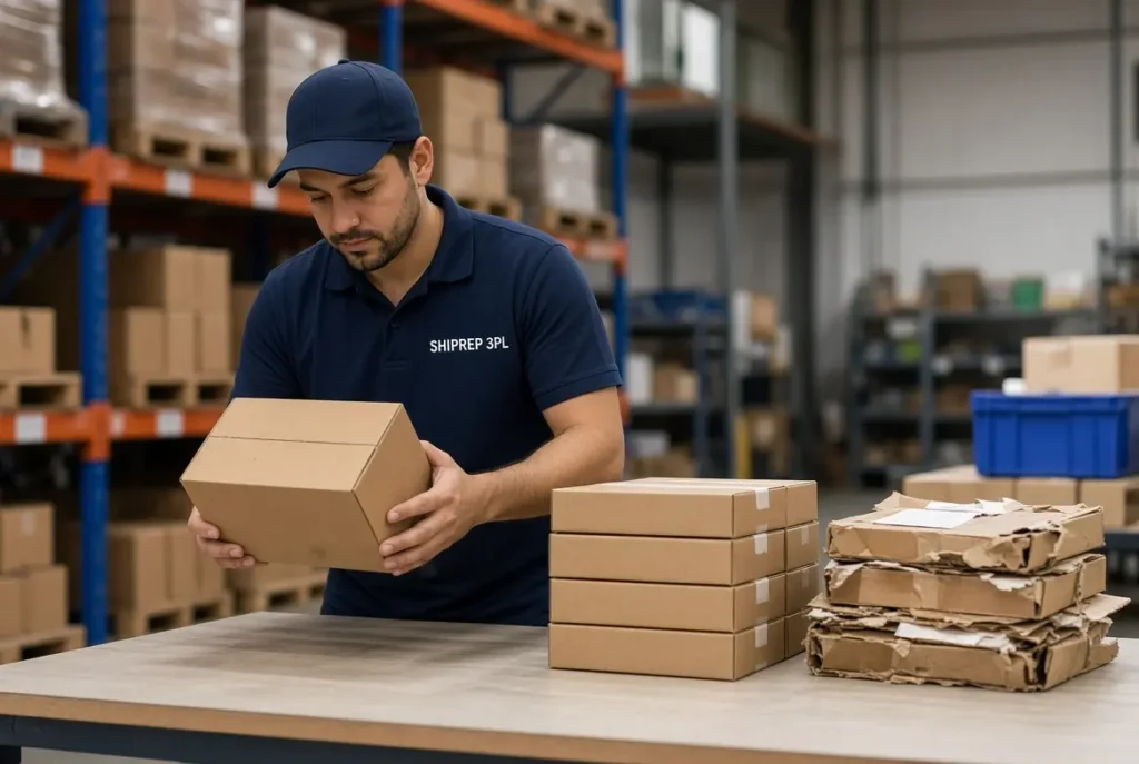 FBA inventory removal and reconditioning: worker inspecting returned units for resale