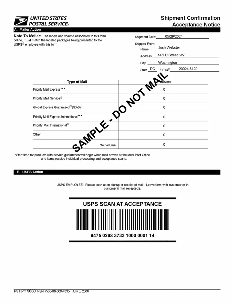 USPS Shipment Confirmation Acceptance Notice form showing shipment details, mail service types, package volume, and a barcode for USPS acceptance scanning.