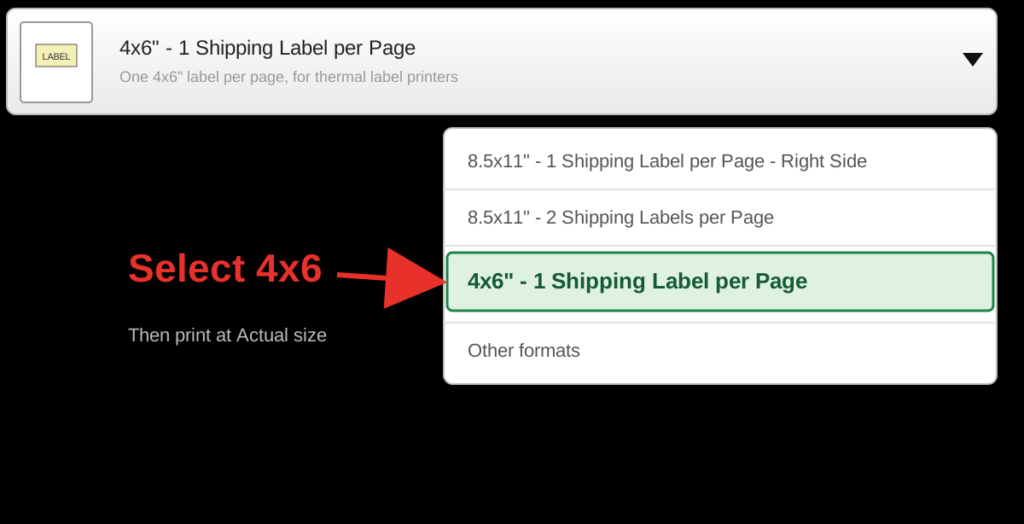 How to change label format on Pirate Ship step 2: choose the 4x6 label format from the list