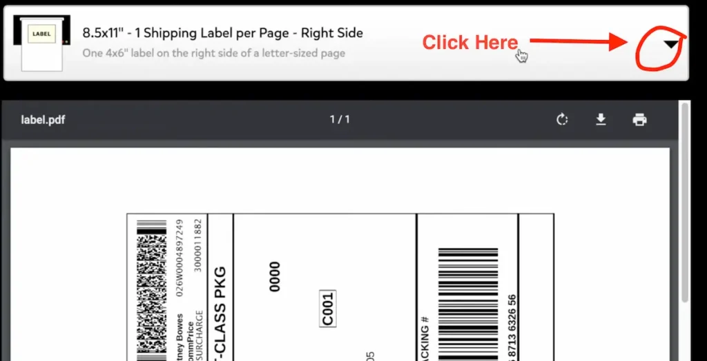 How to change label format on Pirate Ship step 1: click the arrow on the label format bar above the PDF
