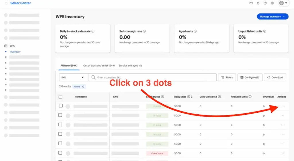 Walmart Seller Center WFS Inventory page showing the three-dot actions menu to select for printing labels