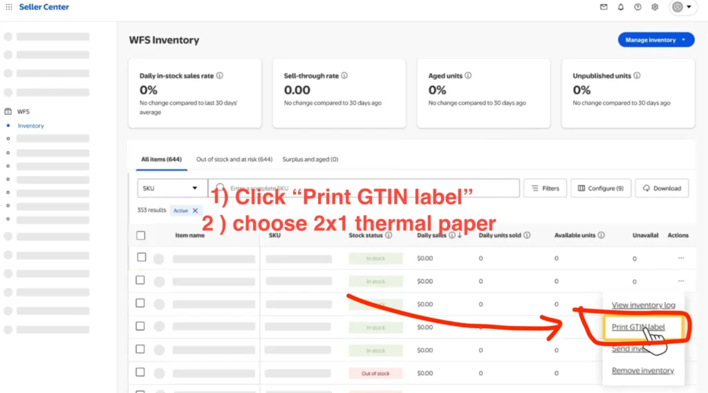 Walmart Seller Center actions menu showing Print GTIN label option with 2x1 thermal paper format selected