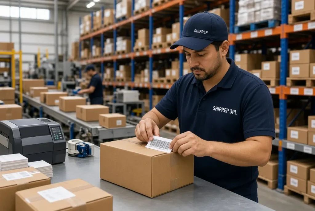 Walmart WFS prep service: worker labeling inventory for marketplace fulfillment